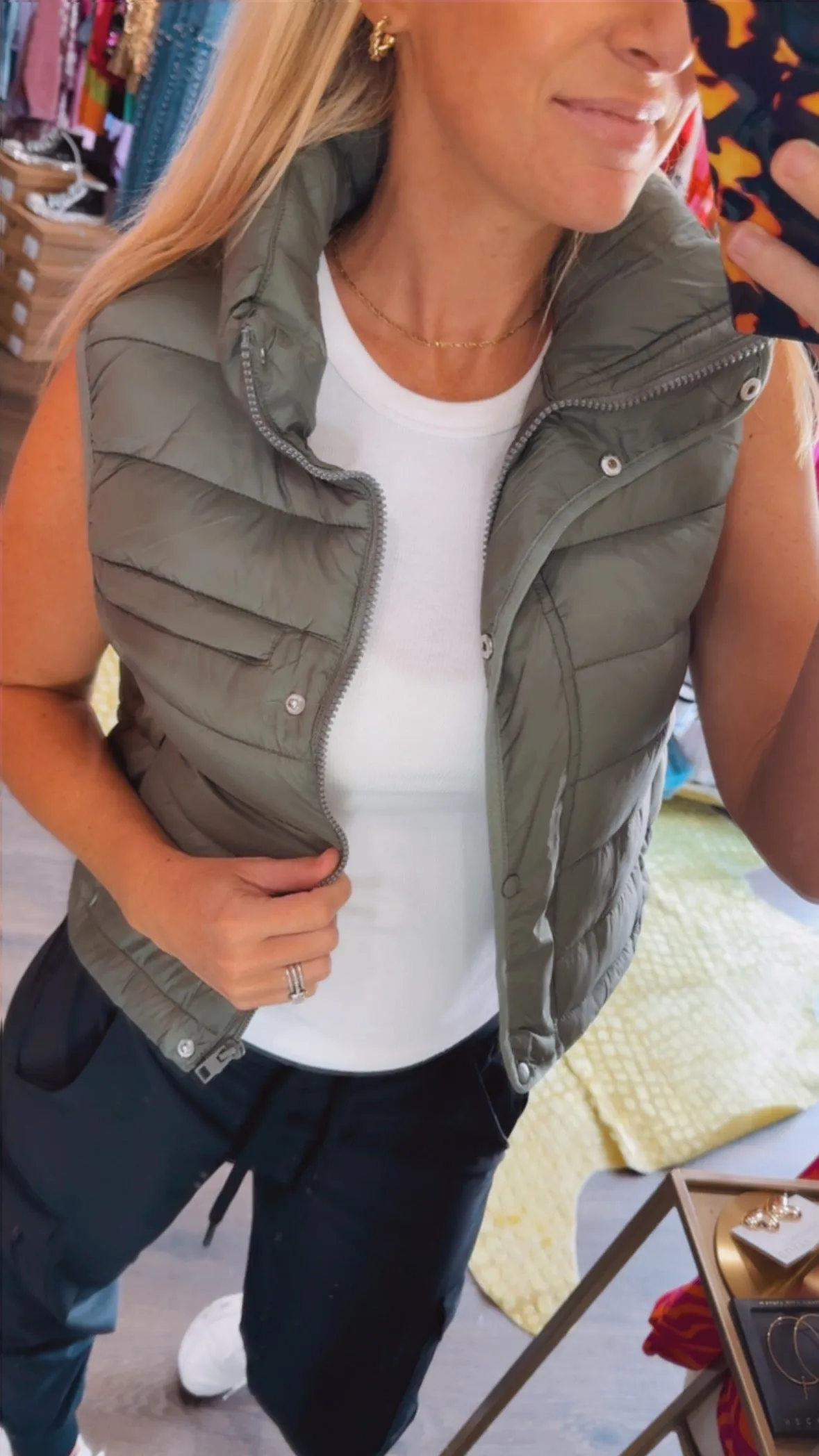 Quilted Stripe Puffer Vest in Evergreen