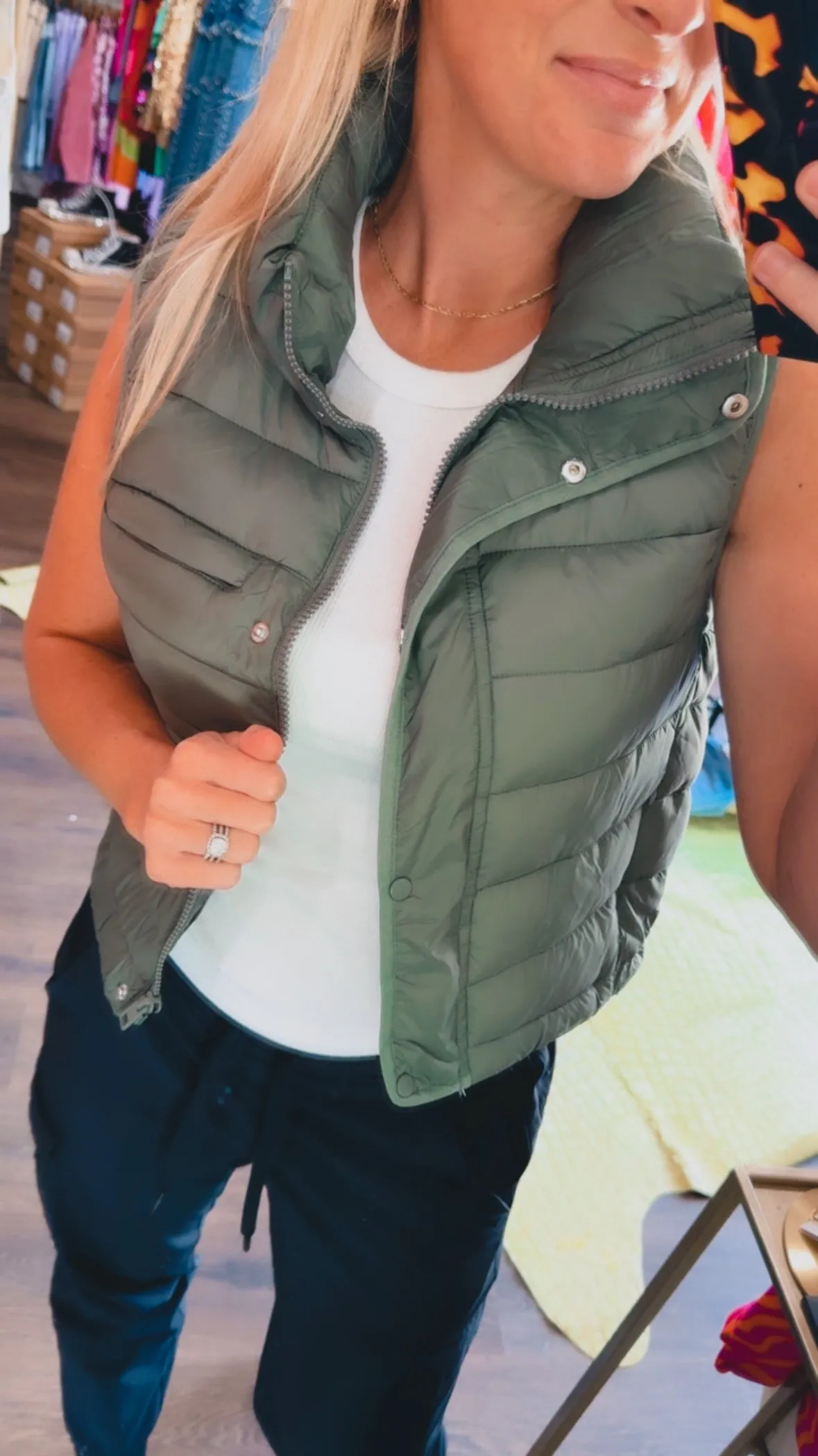 Quilted Stripe Puffer Vest in Evergreen