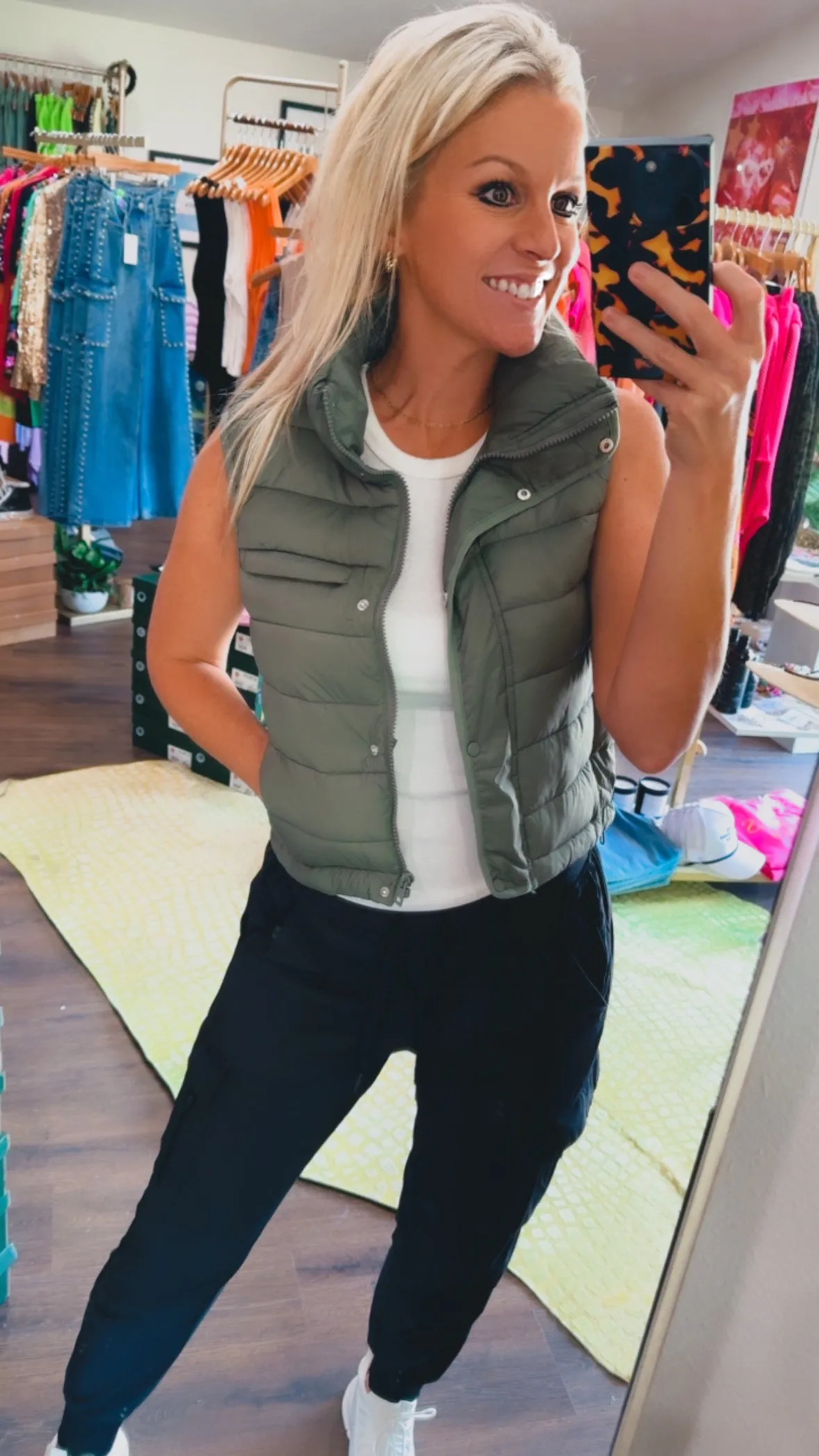 Quilted Stripe Puffer Vest in Evergreen