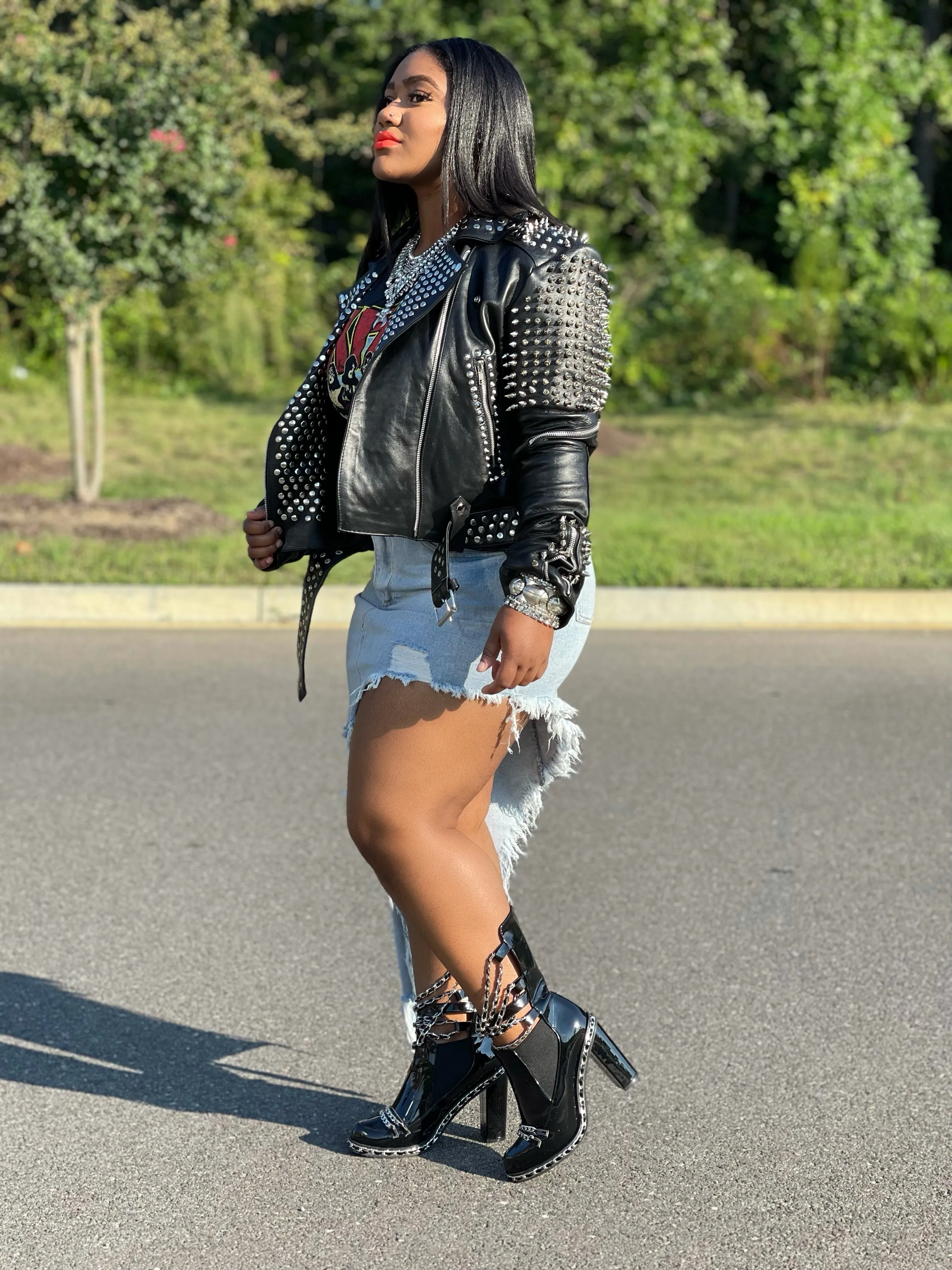 Rocker Embellished Leather Jacket