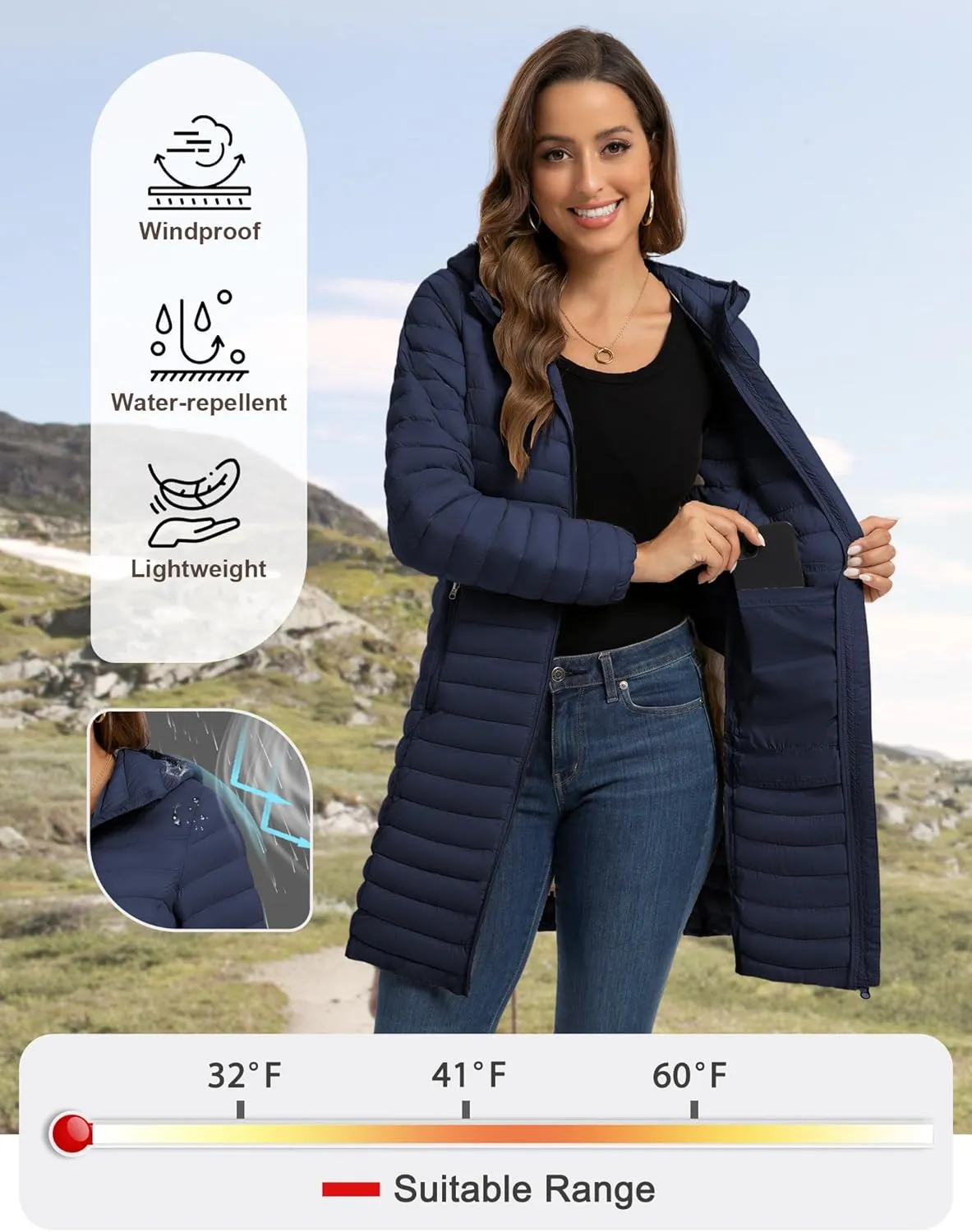 ROYAL MATRIX Packable Puffer Jacket for Women Lightweight Hooded Quilted Long Travel Puffer Coat