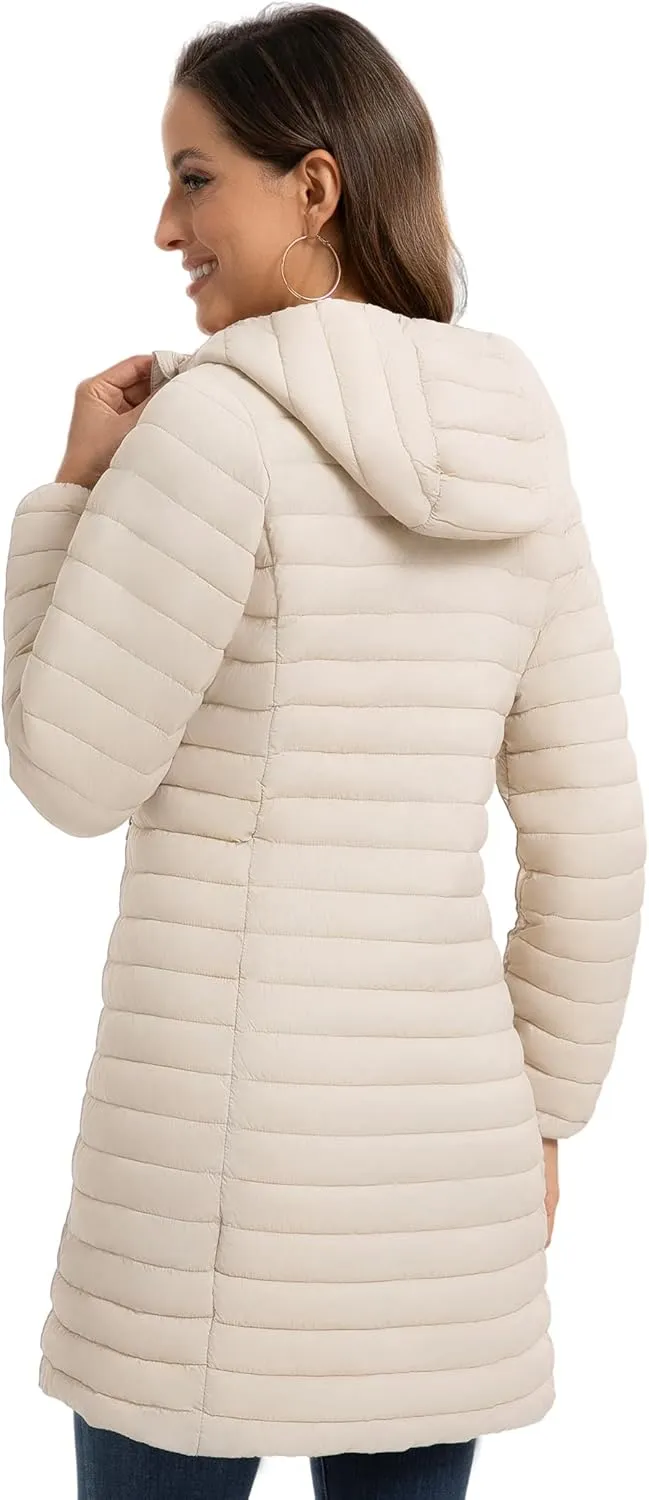ROYAL MATRIX Packable Puffer Jacket for Women Lightweight Hooded Quilted Long Travel Puffer Coat