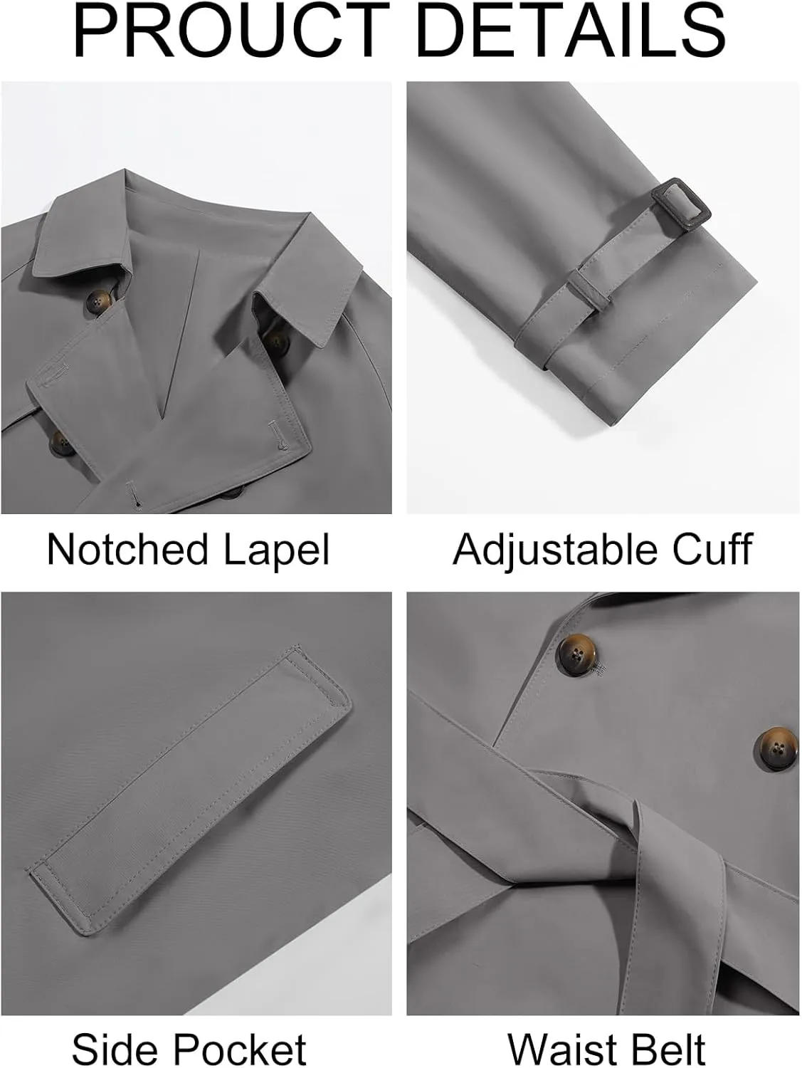 Runcati Mens Trench Coat Double Breasted Long Jacket Casual Windbreaker Notched Lapel Belted Overcoat