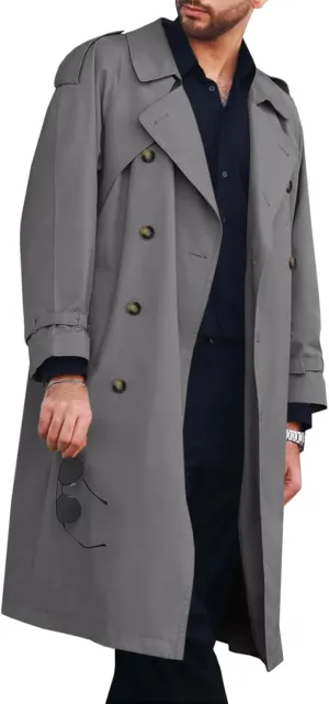Runcati Mens Trench Coat Double Breasted Long Jacket Casual Windbreaker Notched Lapel Belted Overcoat