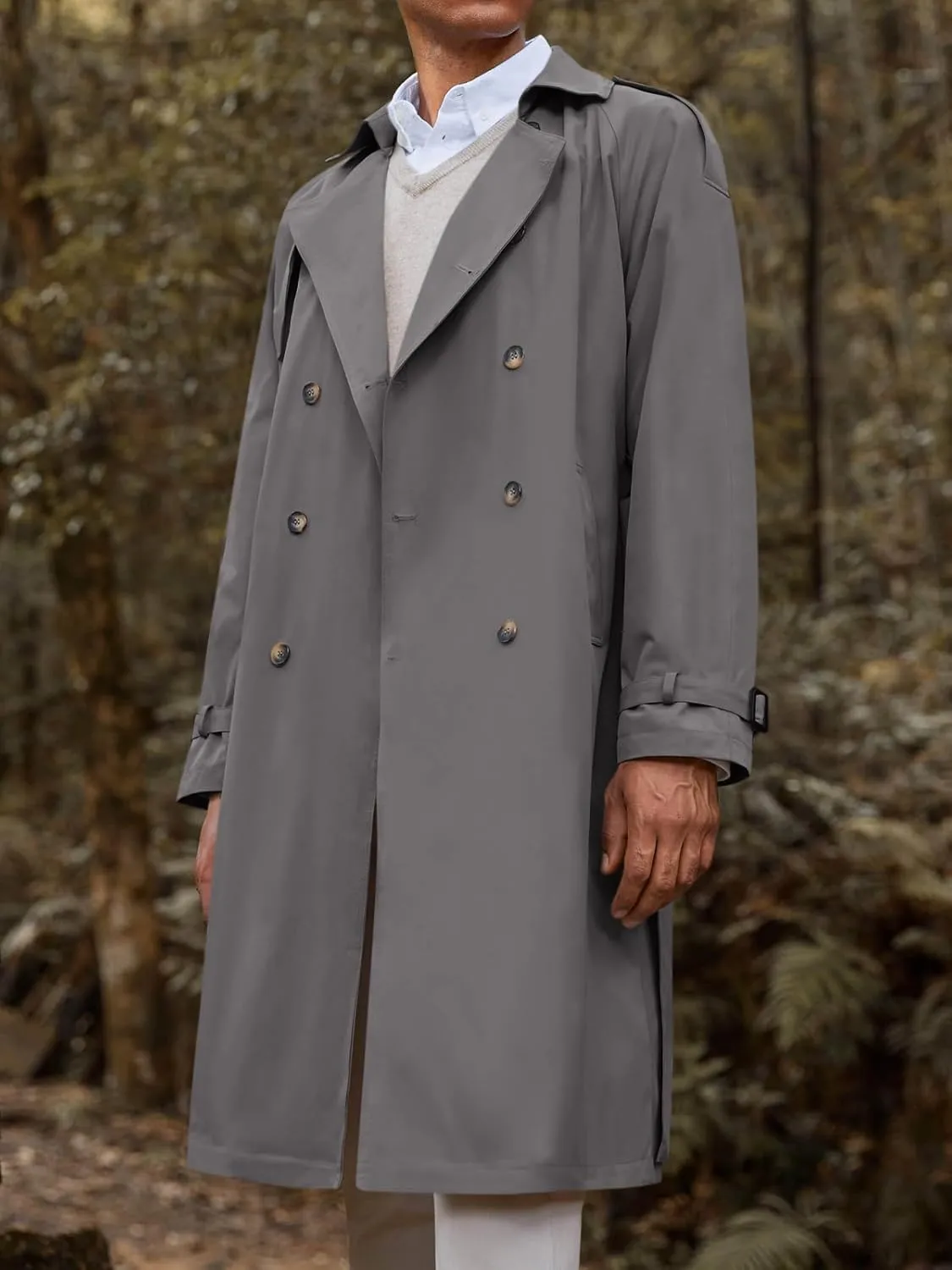 Runcati Mens Trench Coat Double Breasted Long Jacket Casual Windbreaker Notched Lapel Belted Overcoat