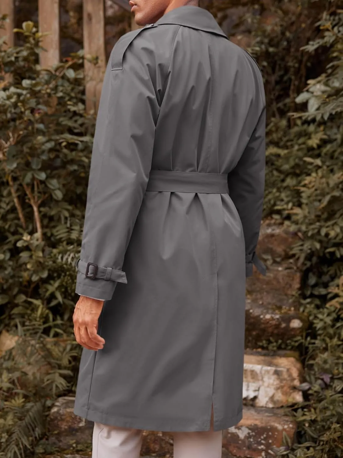 Runcati Mens Trench Coat Double Breasted Long Jacket Casual Windbreaker Notched Lapel Belted Overcoat