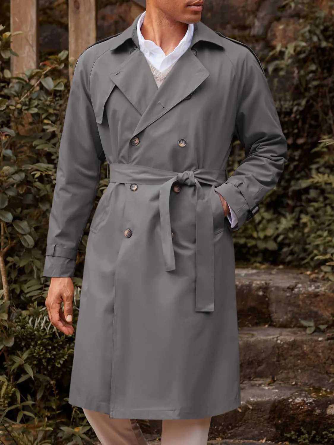 Runcati Mens Trench Coat Double Breasted Long Jacket Casual Windbreaker Notched Lapel Belted Overcoat