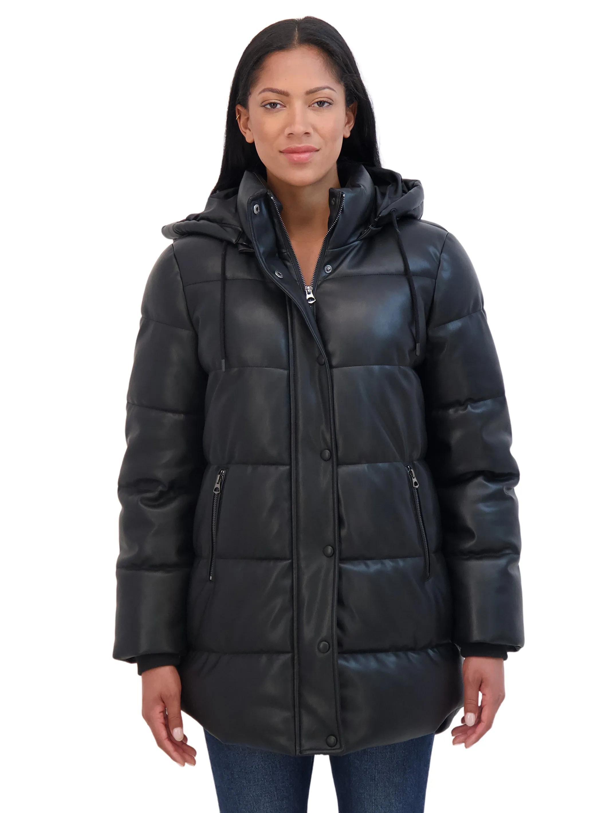 Sebby Collection Women's Faux Leather 3/4 Puffer Jacket With Hood
