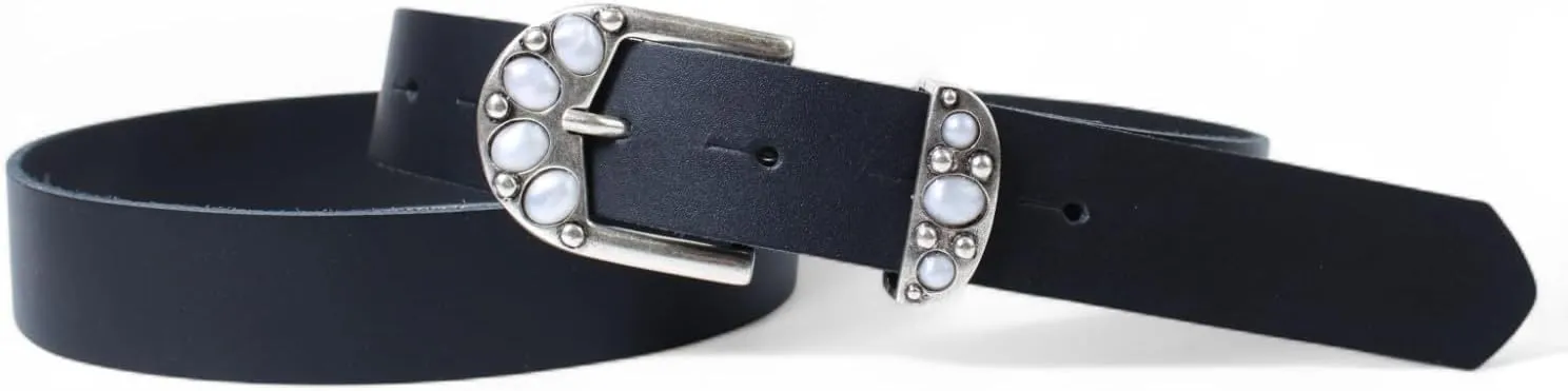 Summery ladies' leather belt 3 cm, belt buckle   loop with white beads, 19407