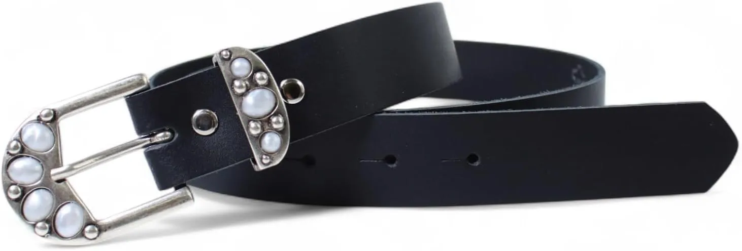 Summery ladies' leather belt 3 cm, belt buckle   loop with white beads, 19407