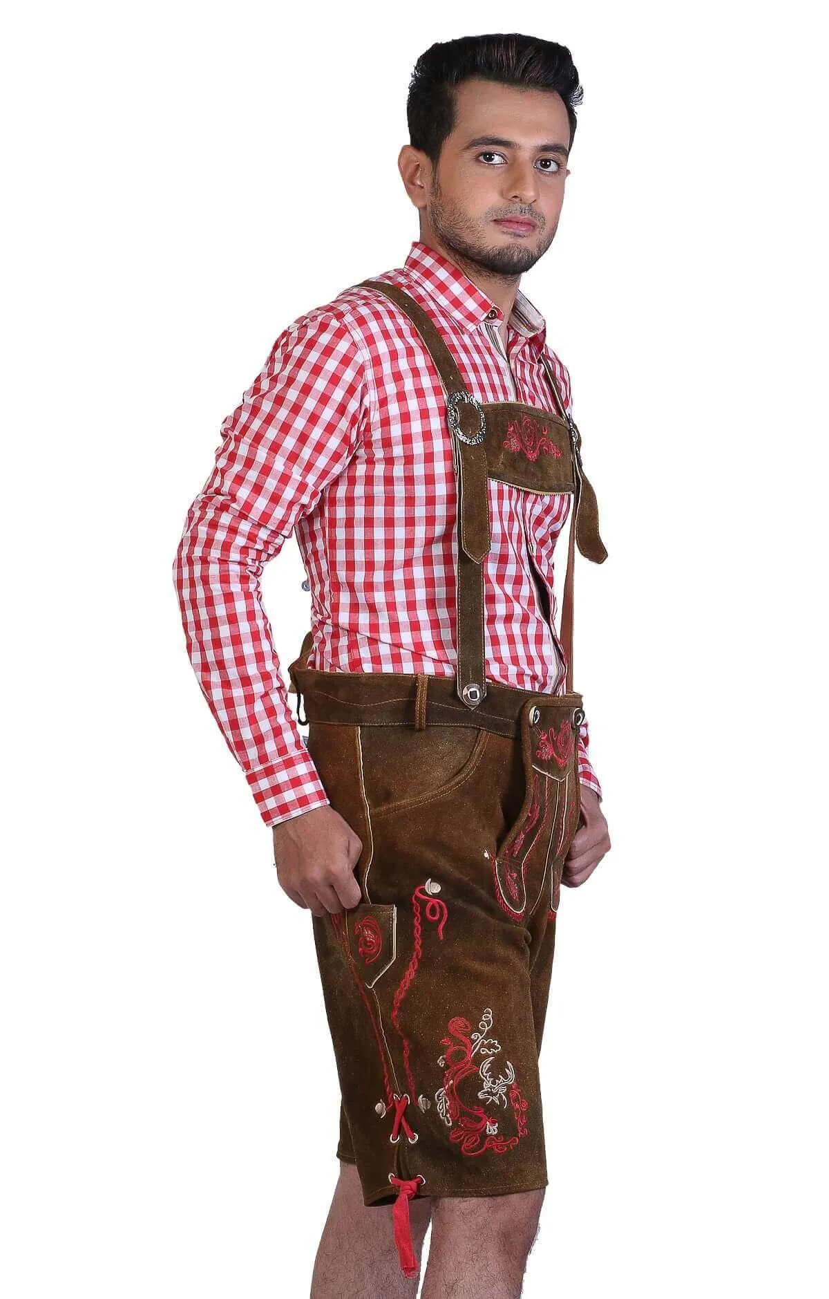 Traditional German Lederhosen Brown Red