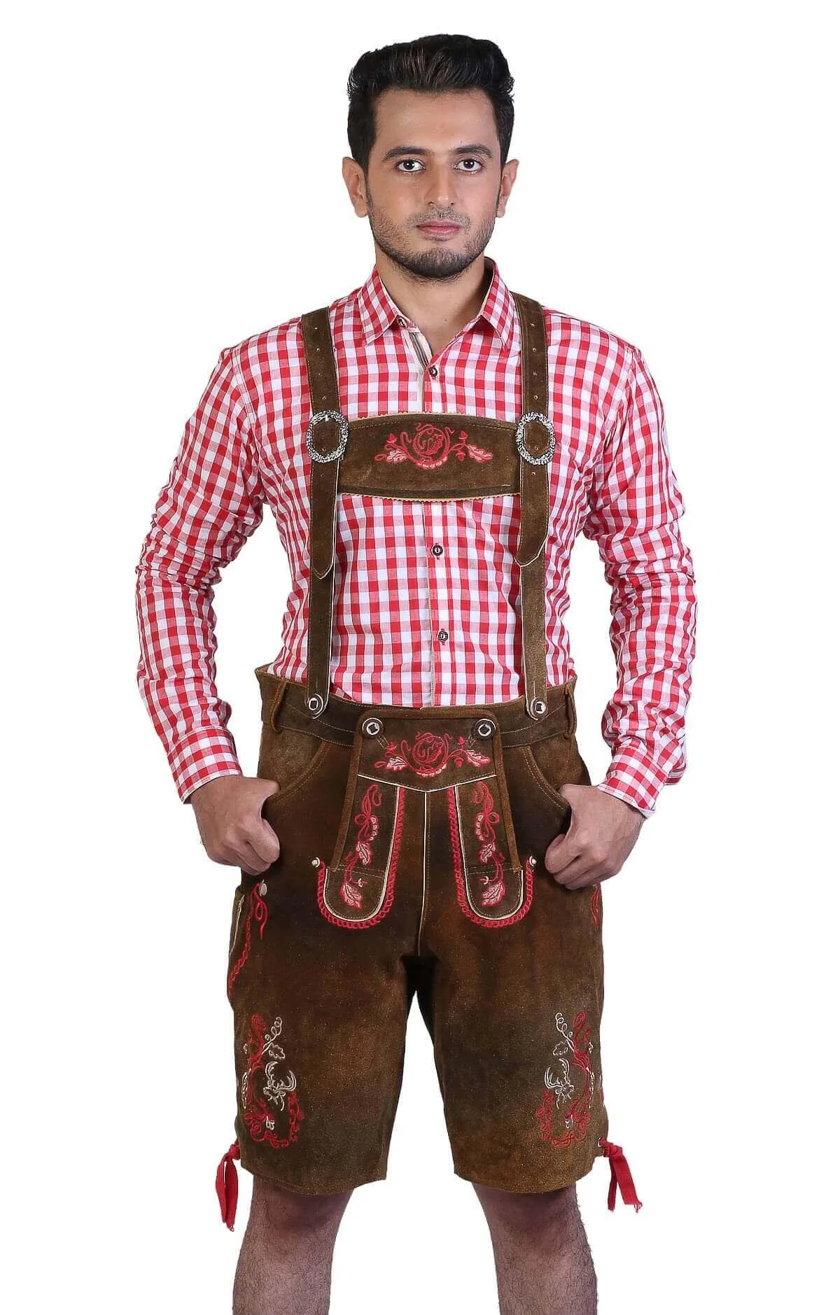 Traditional German Lederhosen Brown Red
