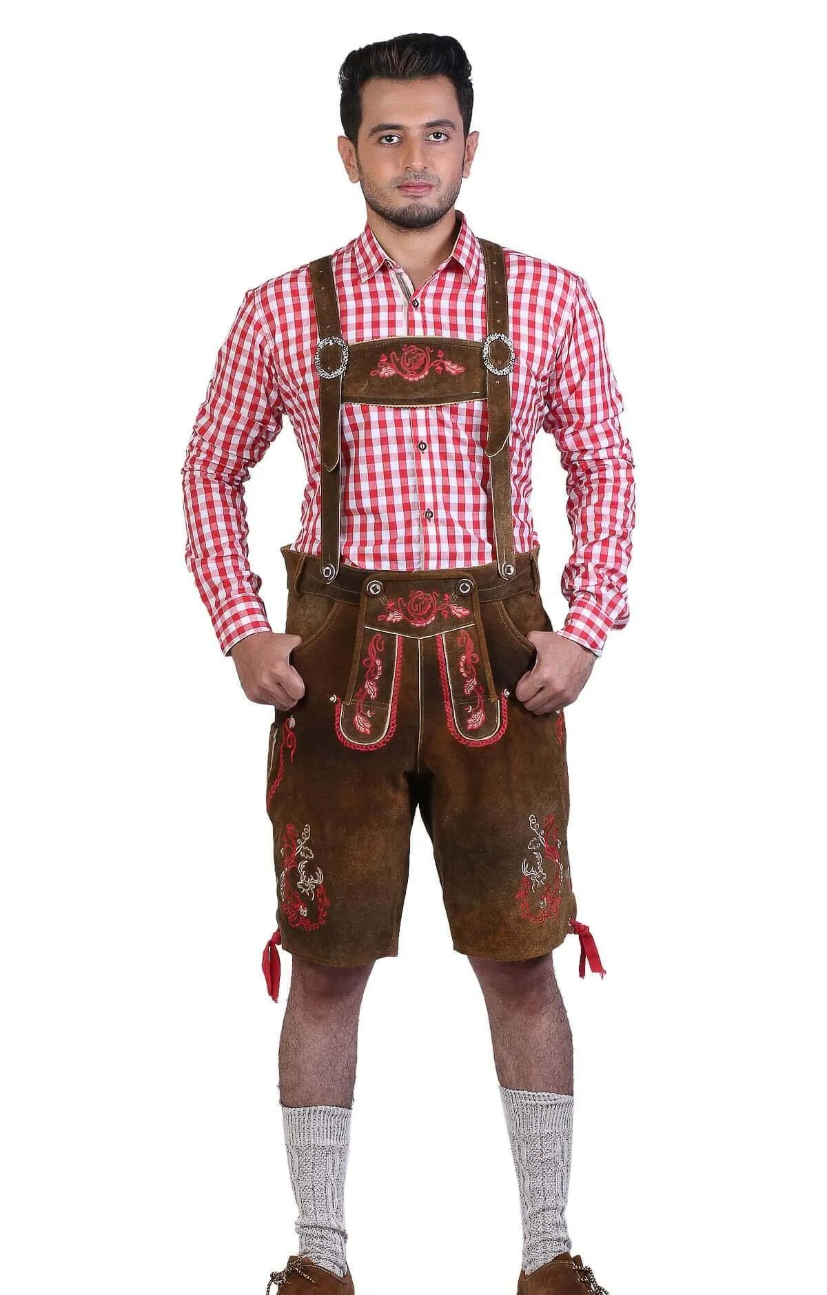 Traditional German Lederhosen Brown Red