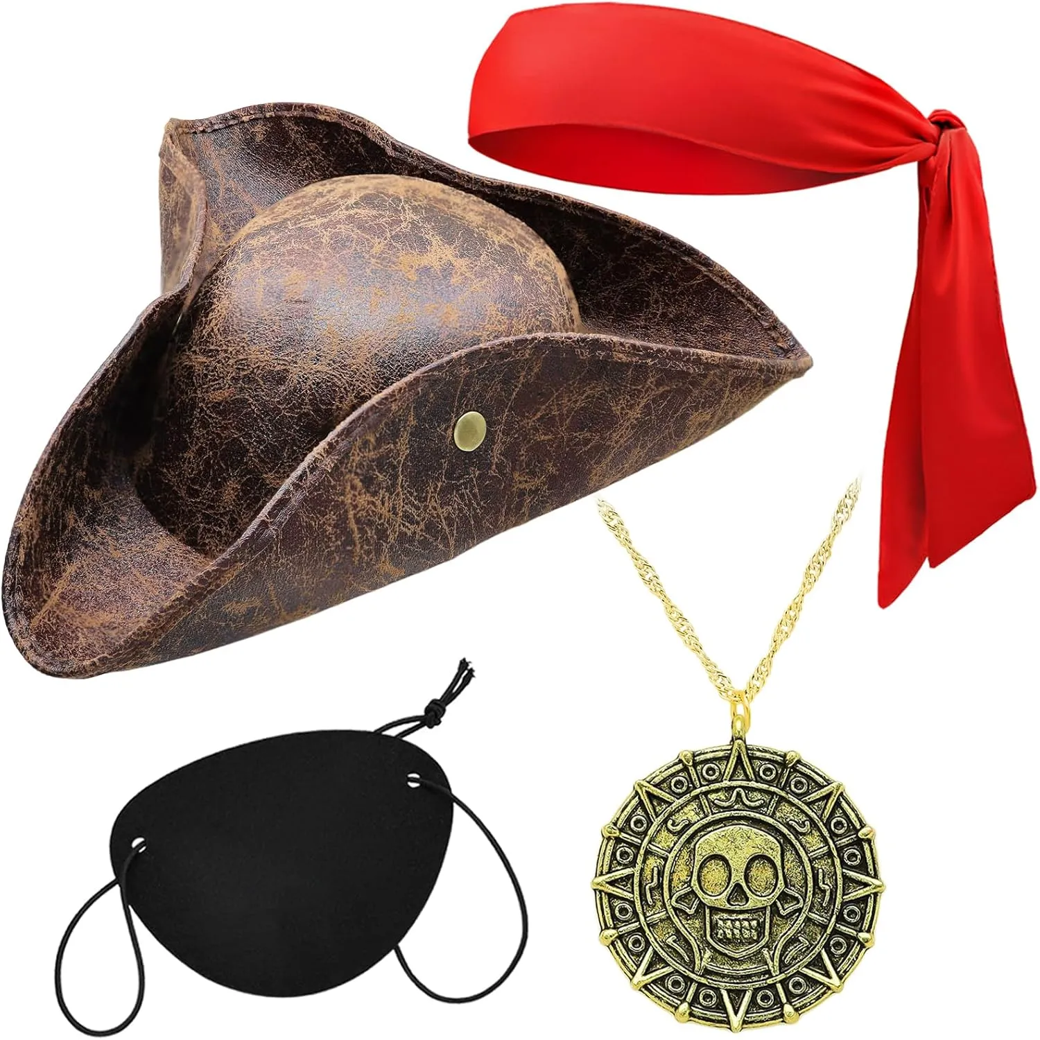 Tricorn Pirate Hat Accessories Set for Men Brown Distressed Faux Leather Pirate Hat Bandana Eyepatch Viking Jewelry