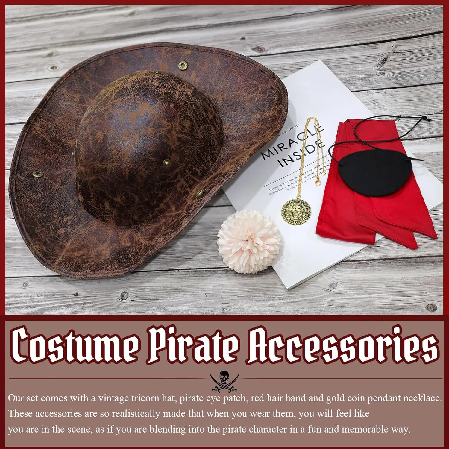 Tricorn Pirate Hat Accessories Set for Men Brown Distressed Faux Leather Pirate Hat Bandana Eyepatch Viking Jewelry