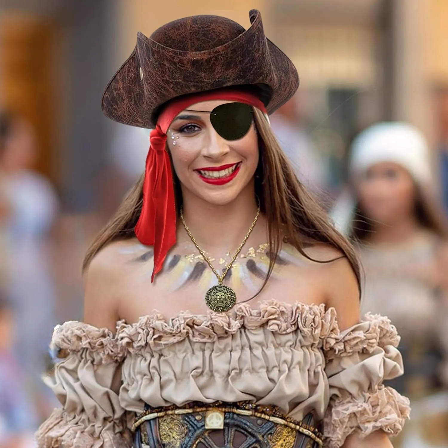 Tricorn Pirate Hat Accessories Set for Men Brown Distressed Faux Leather Pirate Hat Bandana Eyepatch Viking Jewelry
