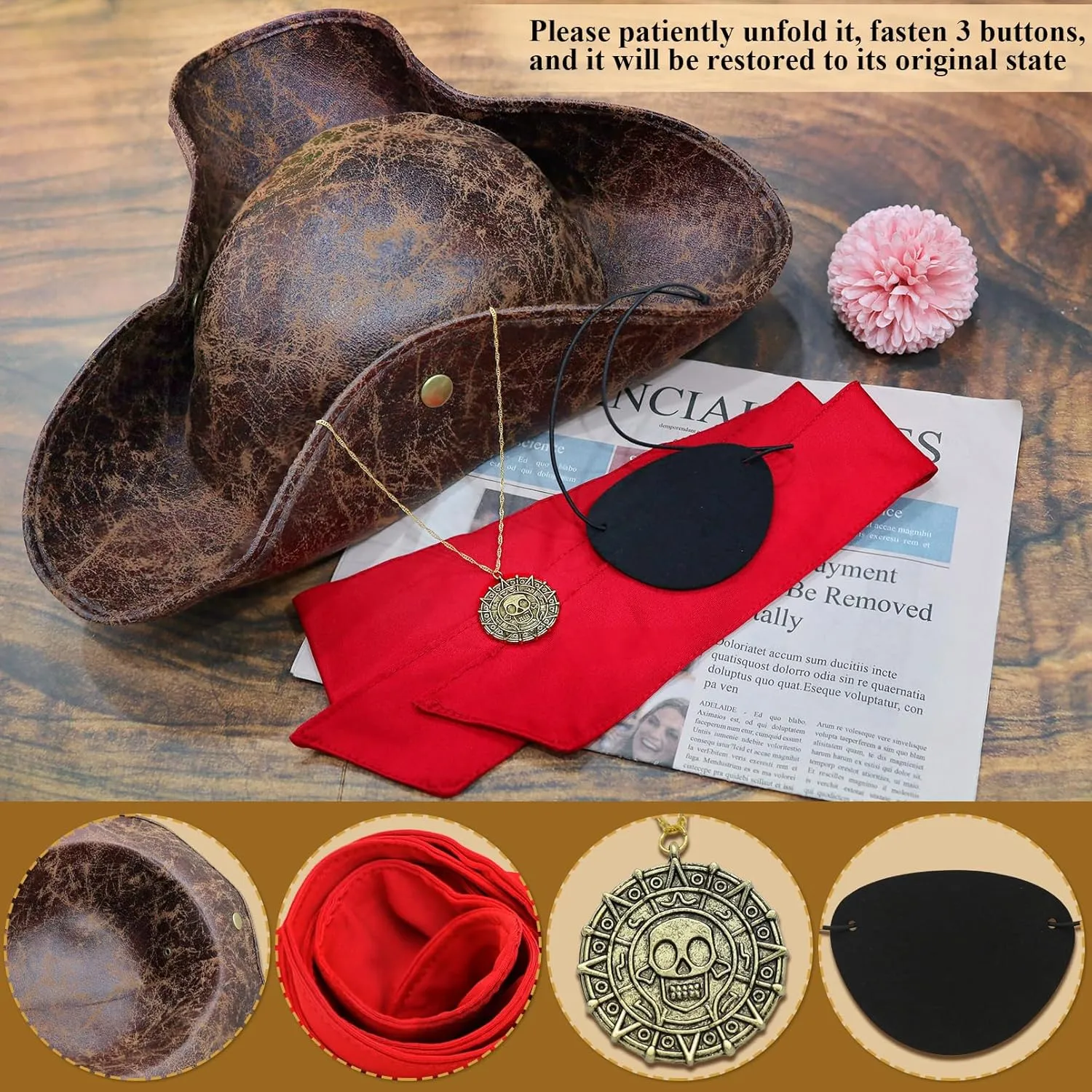 Tricorn Pirate Hat Accessories Set for Men Brown Distressed Faux Leather Pirate Hat Bandana Eyepatch Viking Jewelry