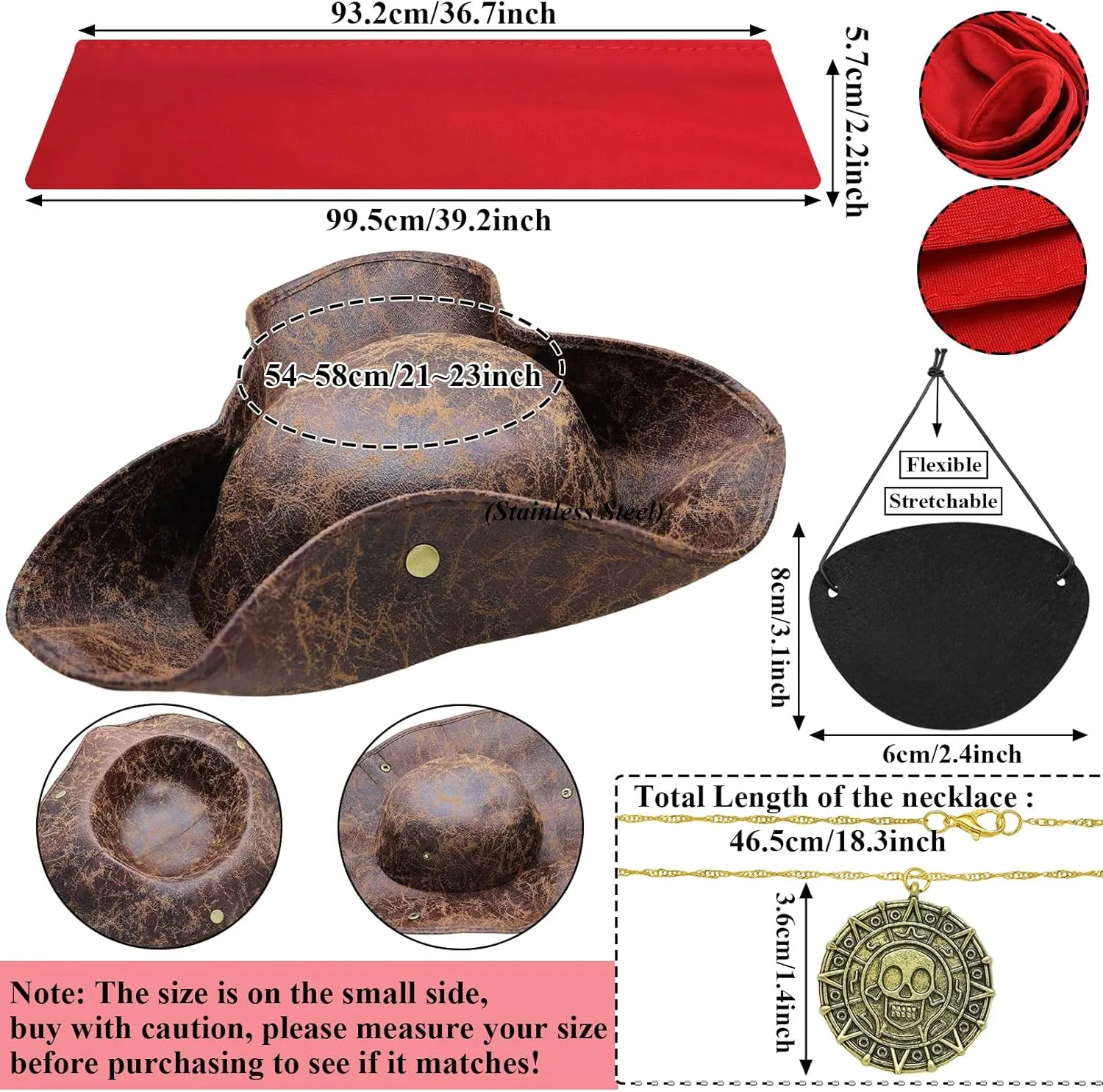 Tricorn Pirate Hat Accessories Set for Men Brown Distressed Faux Leather Pirate Hat Bandana Eyepatch Viking Jewelry