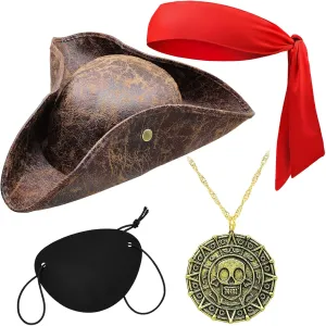 Tricorn Pirate Hat Accessories Set for Men Brown Distressed Faux Leather Pirate Hat Bandana Eyepatch Viking Jewelry