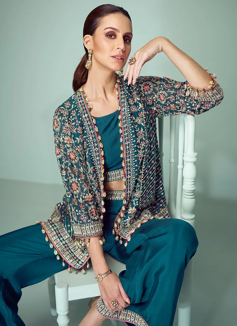 Turquoise Multi Floral Embroidery Blazer Co-Ord Set