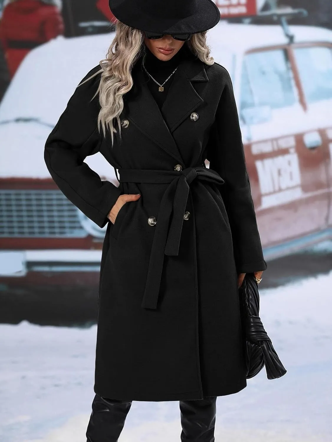 utcoco Womens Long Wool Pea Coat Notched Lapel Double Breasted Trench Coat Winter Warm Overcoat with Belt