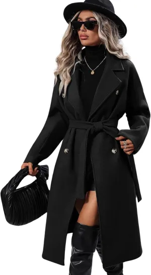 utcoco Womens Long Wool Pea Coat Notched Lapel Double Breasted Trench Coat Winter Warm Overcoat with Belt