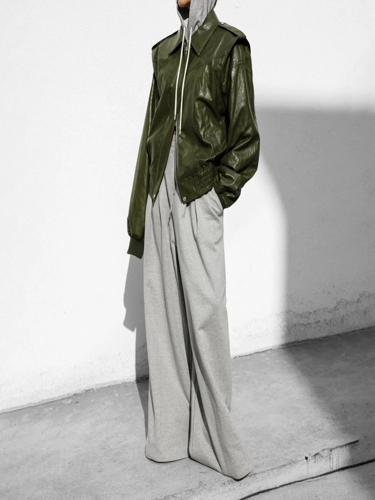 VEGAN LEATHER OVERSIZED DRAPED PATTERN ZIP JACKET