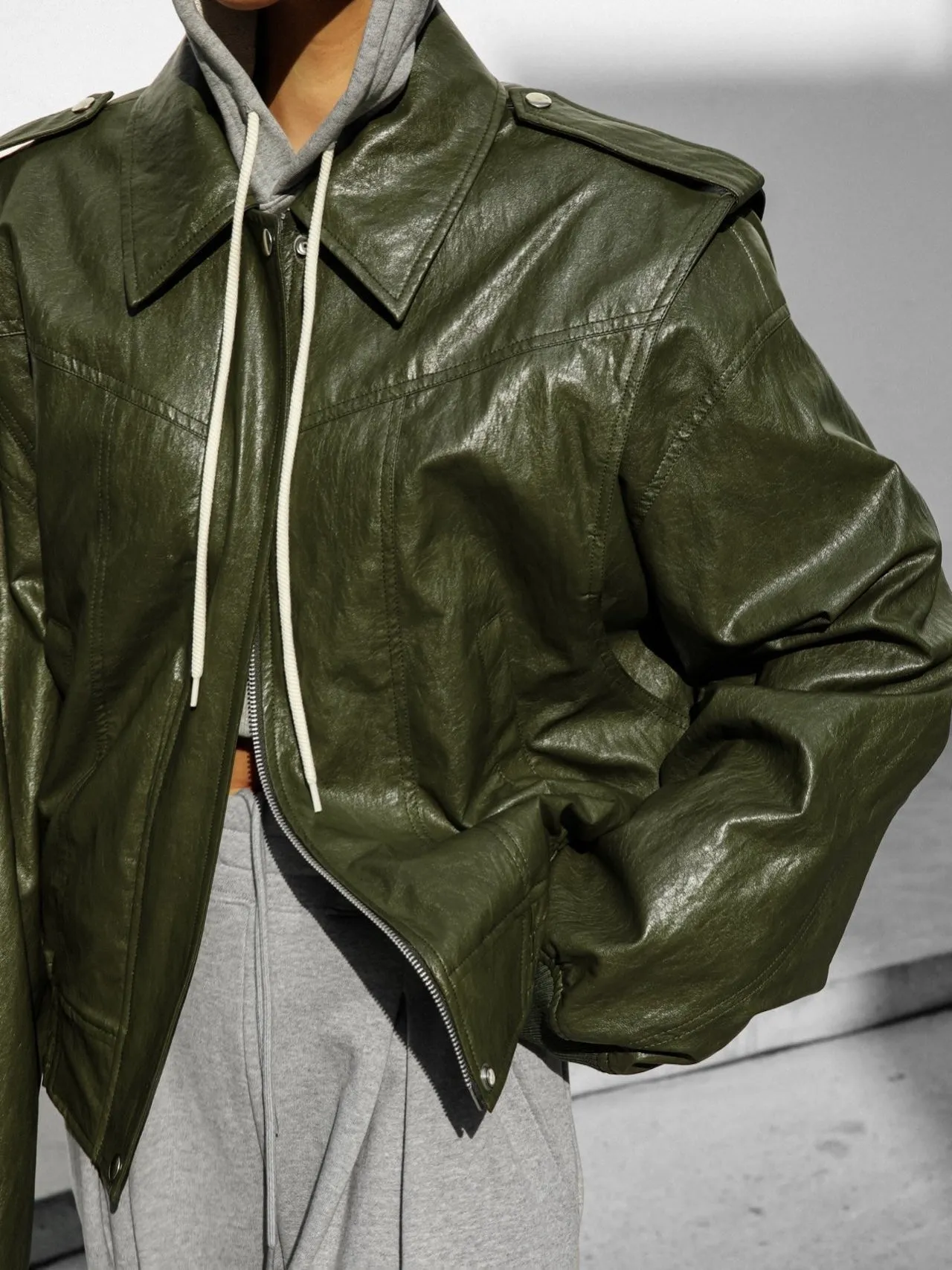VEGAN LEATHER OVERSIZED DRAPED PATTERN ZIP JACKET