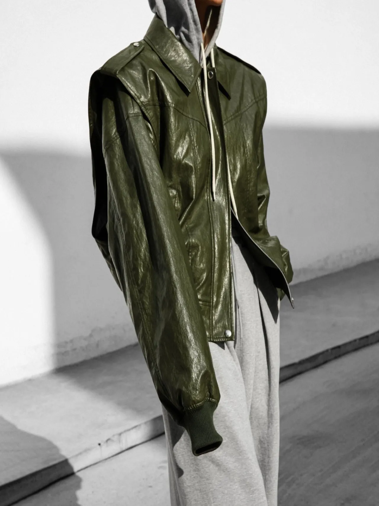 VEGAN LEATHER OVERSIZED DRAPED PATTERN ZIP JACKET