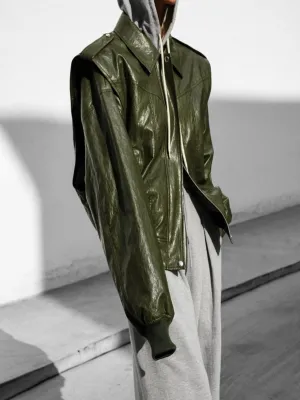 VEGAN LEATHER OVERSIZED DRAPED PATTERN ZIP JACKET