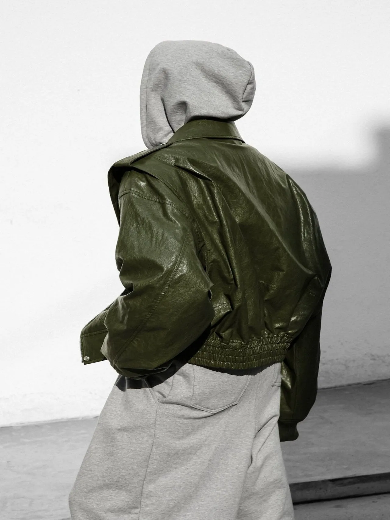 VEGAN LEATHER OVERSIZED DRAPED PATTERN ZIP JACKET