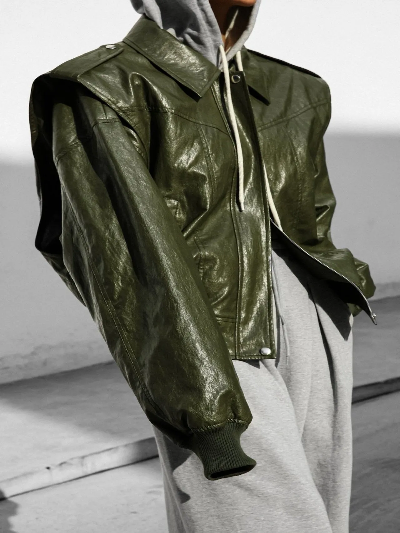 VEGAN LEATHER OVERSIZED DRAPED PATTERN ZIP JACKET