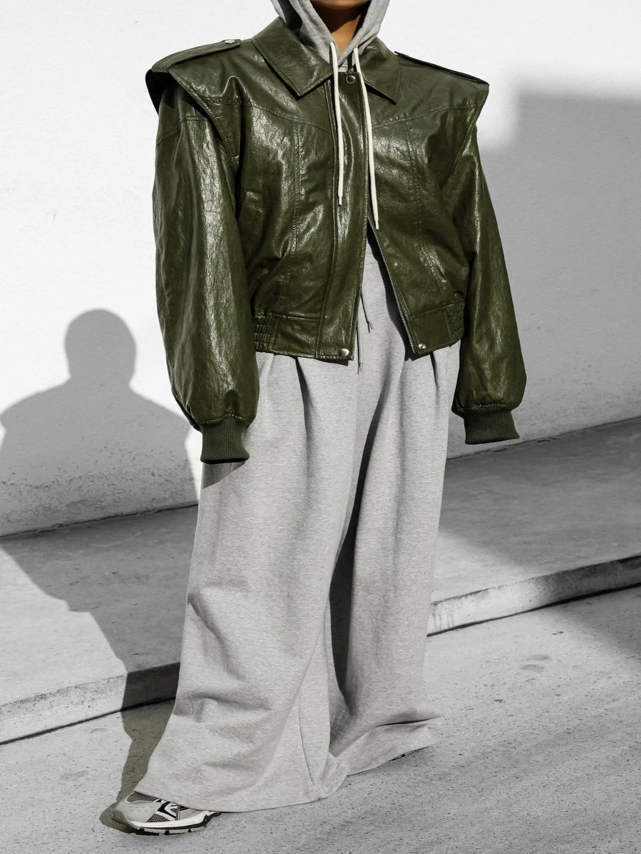 VEGAN LEATHER OVERSIZED DRAPED PATTERN ZIP JACKET