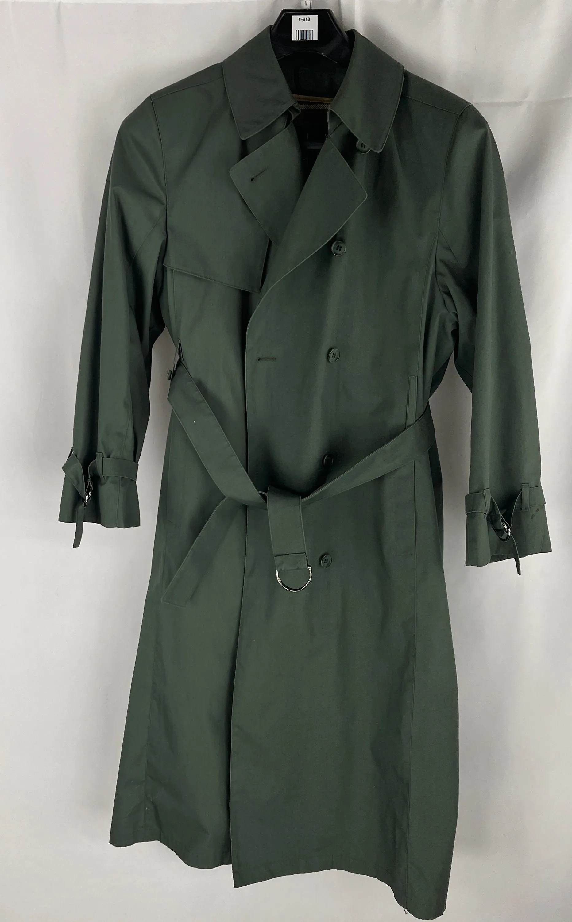 Vintage Women's Green Double Breasted Belted London Fog Trench Coat Plaid Lining