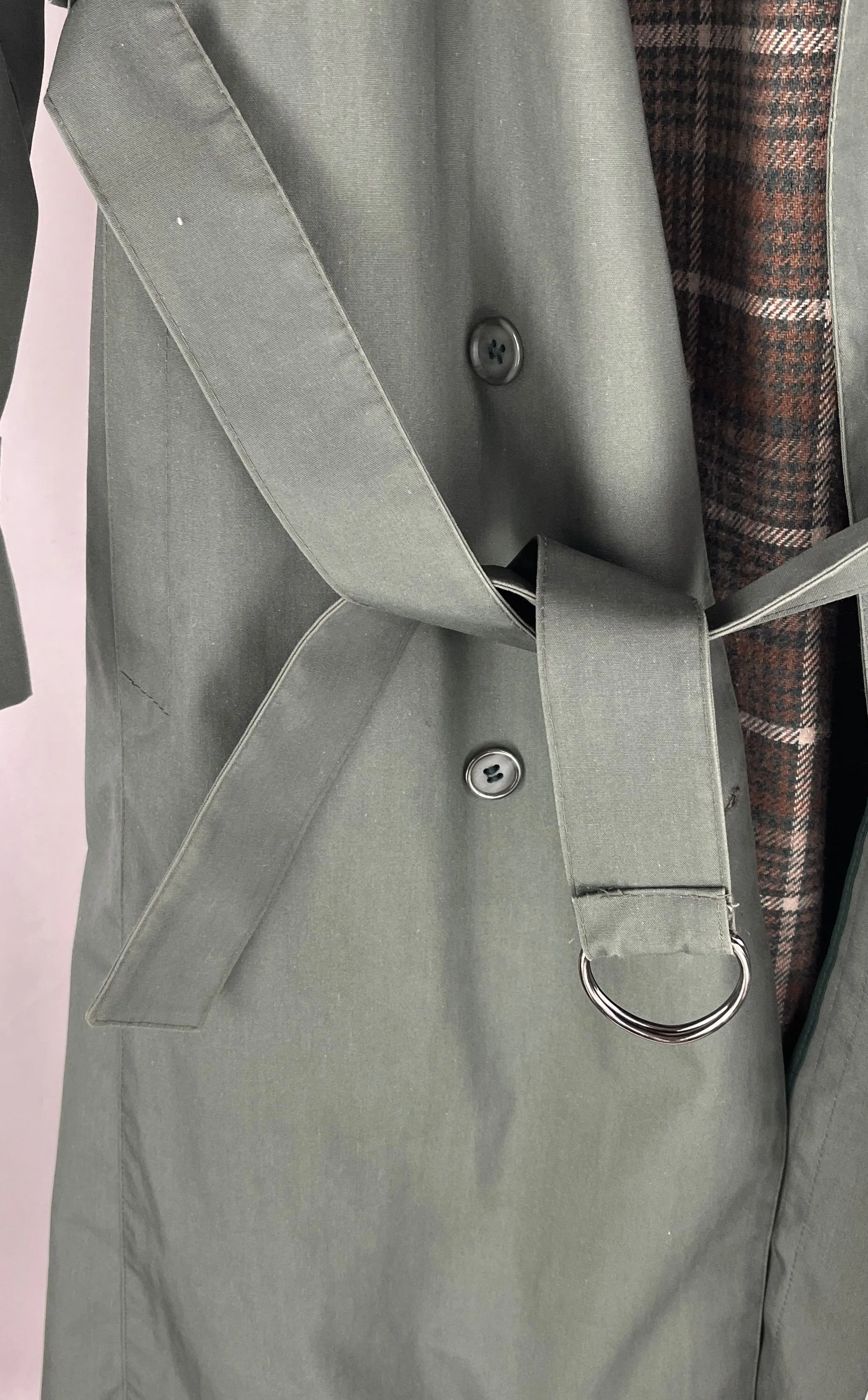 Vintage Women's Green Double Breasted Belted London Fog Trench Coat Plaid Lining