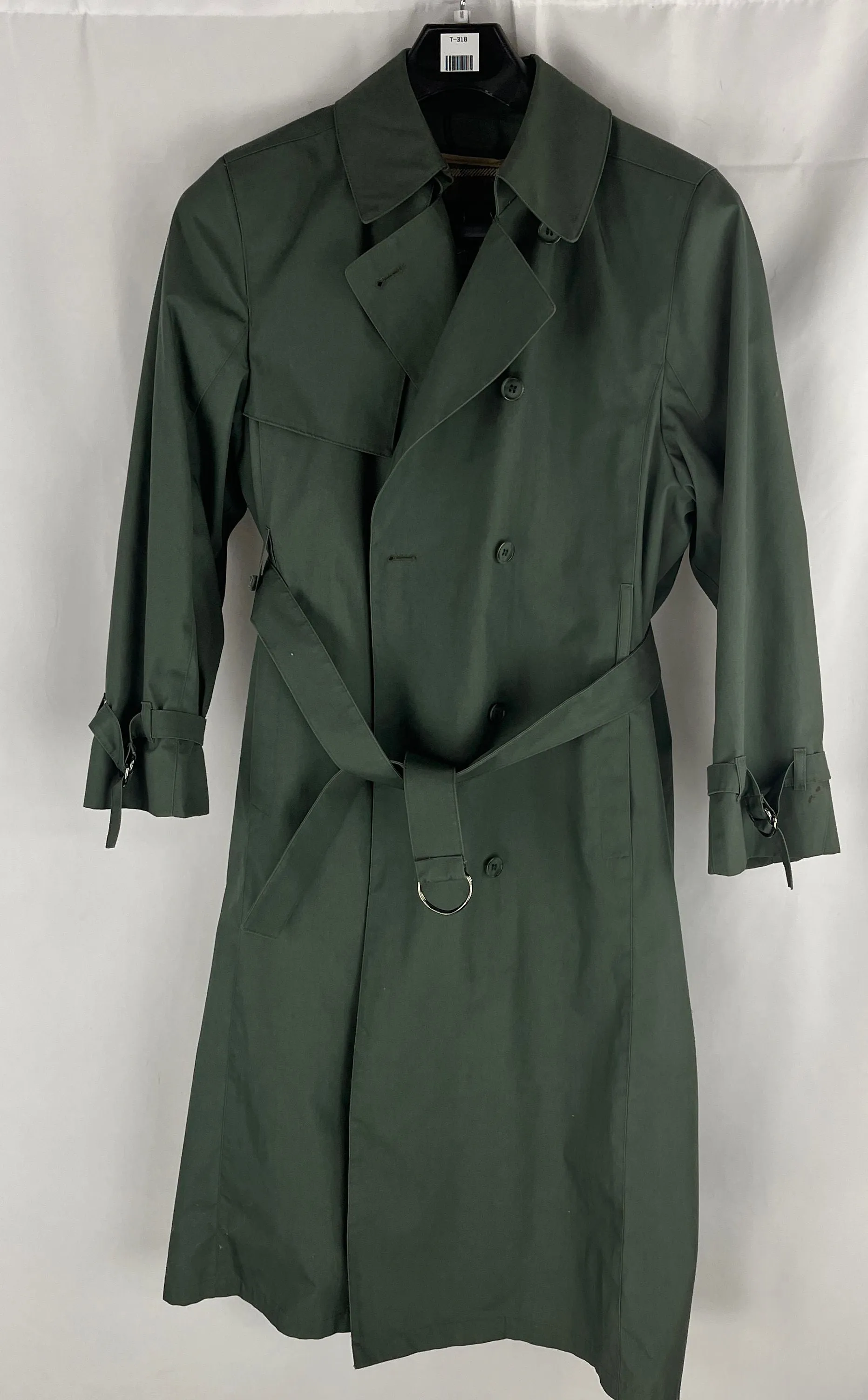Vintage Women's Green Double Breasted Belted London Fog Trench Coat Plaid Lining