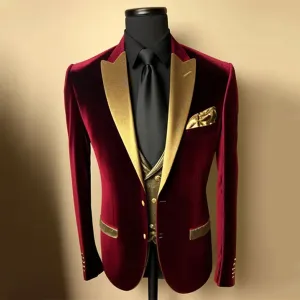 Wiaofellas  -  Men's Business Velvet Gold Satin Pockest Turndown Collar Blazer