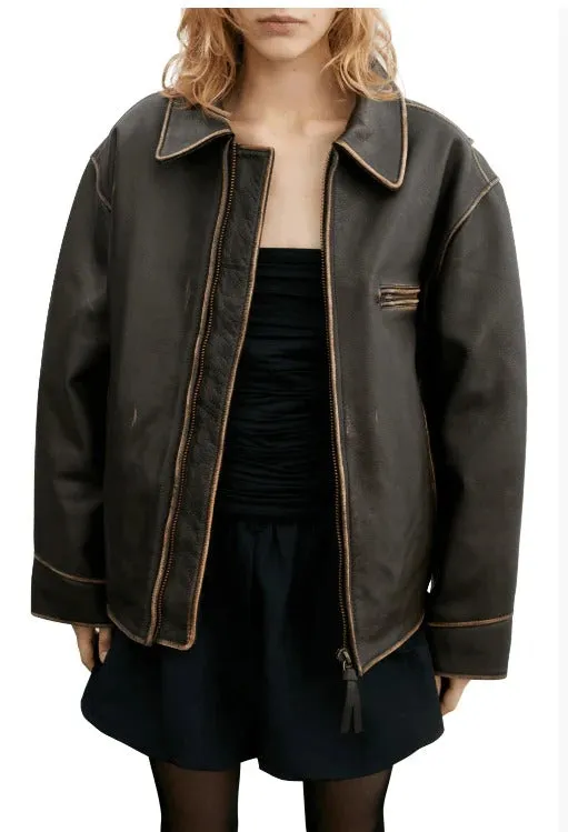 Womens Dark Brown Distressed Vintage Leather Jacket