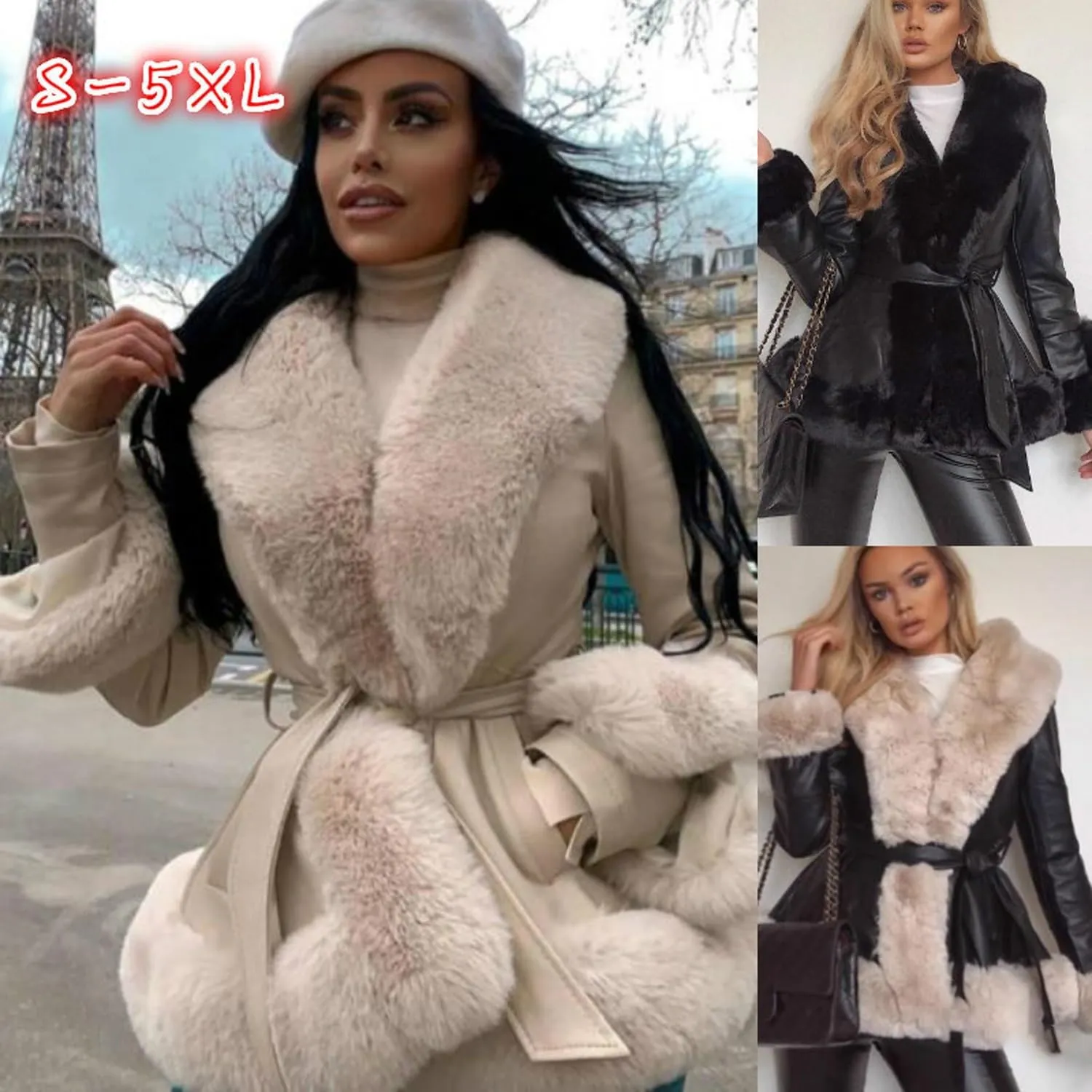 Women's Faux Leather Coat with Fur, Winter Warm Belted Mid Length Trim Jacket, Fur Lined, Brown, M