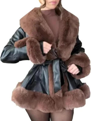 Women's Faux Leather Coat with Fur, Winter Warm Belted Mid Length Trim Jacket, Fur Lined, Brown, M