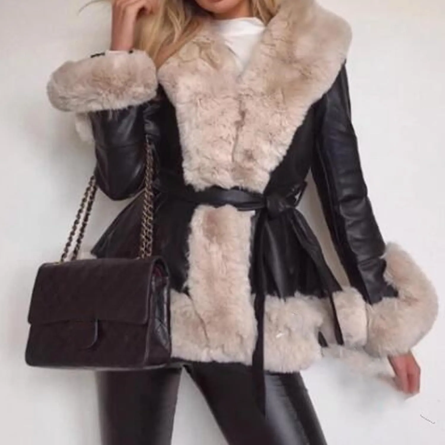 Women's Faux Leather Coat with Fur, Winter Warm Belted Mid Length Trim Jacket, Fur Lined, Brown, M