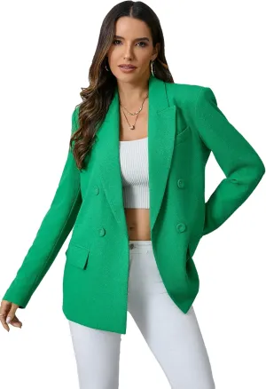 Women's Oversized Double-Breasted Suit Blazer Jacket Top Stitch Long Sleeve Casual Work Office Blazer with Pockets