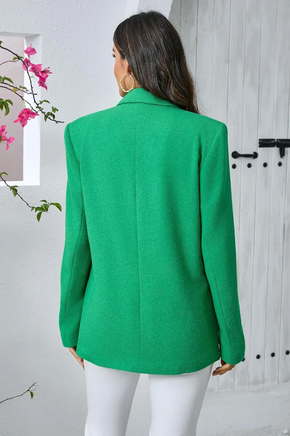 Women's Oversized Double-Breasted Suit Blazer Jacket Top Stitch Long Sleeve Casual Work Office Blazer with Pockets