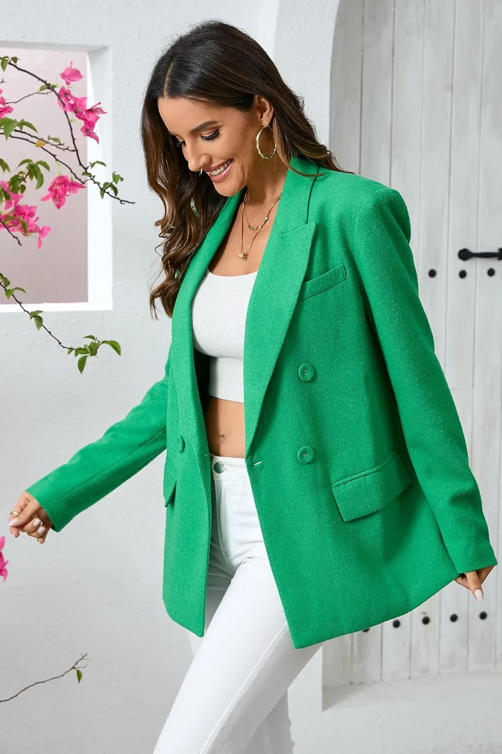 Women's Oversized Double-Breasted Suit Blazer Jacket Top Stitch Long Sleeve Casual Work Office Blazer with Pockets