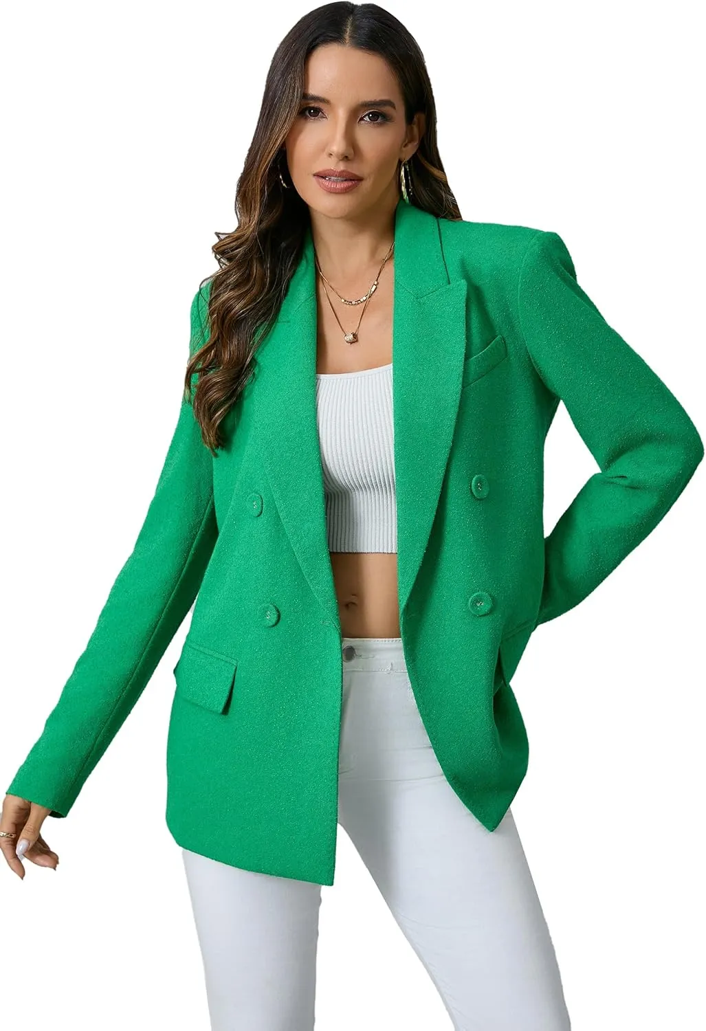 Women's Oversized Double-Breasted Suit Blazer Jacket Top Stitch Long Sleeve Casual Work Office Blazer with Pockets