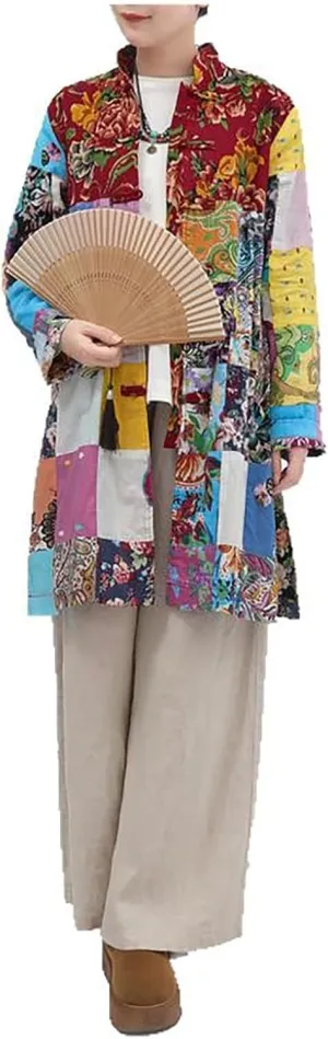 Women's Trench Coat Floral Print Mid-Long Cotton Linen Jacke Cottagecore Clothing Patchwork Outwear Bohemian