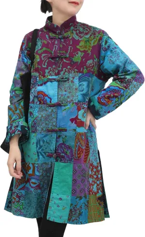 Women's Trench Coat Floral Print Mid-Long Cotton Linen Jacke Cottagecore Clothing Patchwork Outwear Bohemian