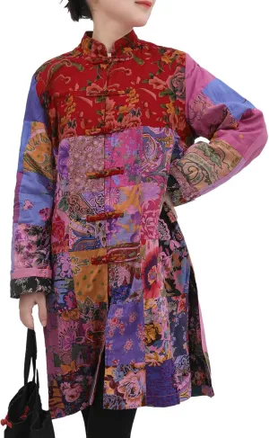 Women's Trench Coat Floral Print Mid-Long Cotton Linen Jacke Cottagecore Clothing Patchwork Outwear Bohemian