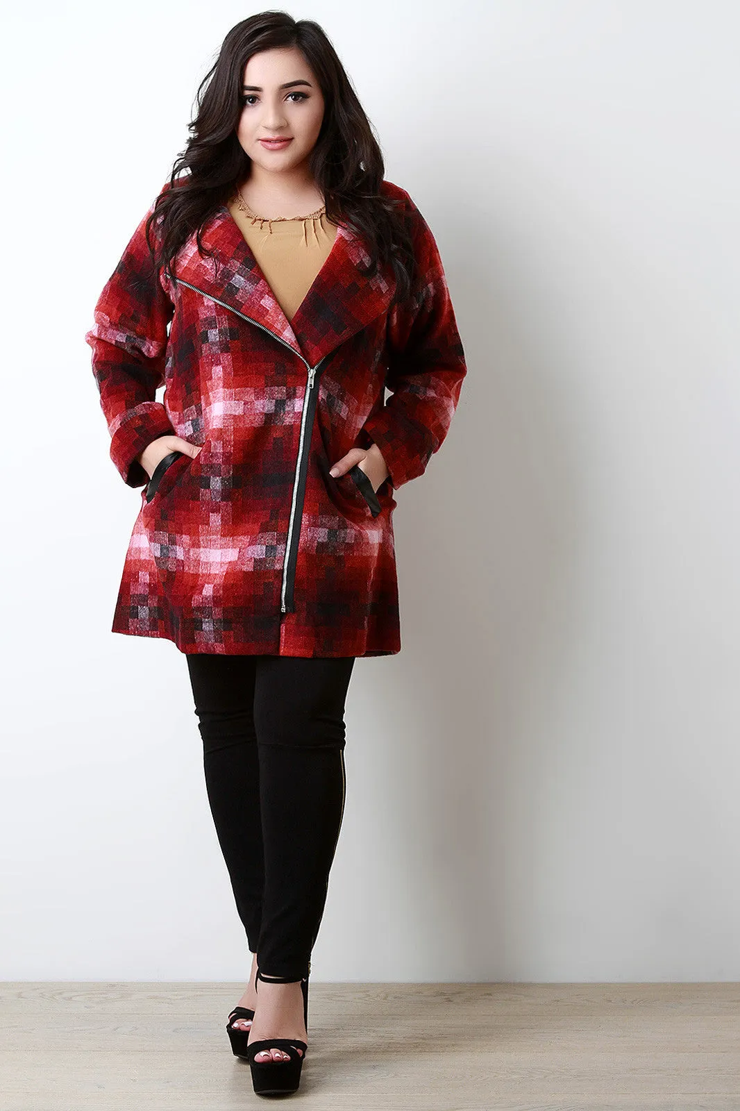 Wool Pixel Blocks Zip-Up Trench Coat