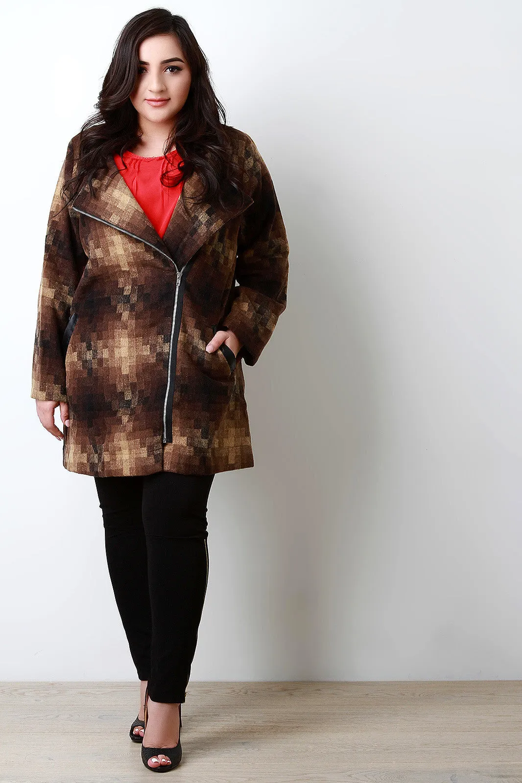 Wool Pixel Blocks Zip-Up Trench Coat